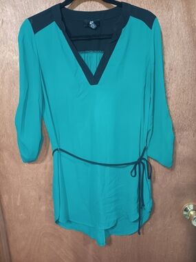 Iz Byer Teal Tunic with Black Trim and Waist Tie